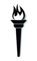 burning torch black and white vector icon with shadow, victory or goal achieving concept