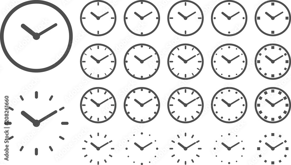 Poster set of simple flat clocks. time icons on white background. clock icon in trendy flat style isolated 