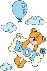 Baby boy teddy bear flying with balloon and a signboard
