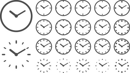Set of simple flat clocks. Time icons on white background. Clock icon in trendy flat style isolated on background.