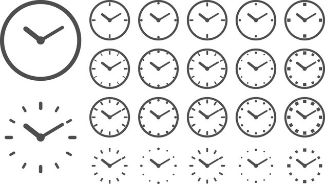 Set of simple flat clocks. Time icons on white background. Clock icon in trendy flat style isolated on background.
