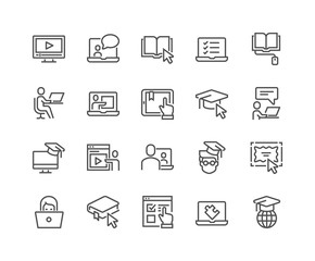 Simple Set of Online Education Related Vector Line Icons. Contains such Icons as Video Tutorial, E-book, On-line Lecture, Education Plan and more. Editable Stroke. 48x48 Pixel Perfect. - obrazy, fototapety, plakaty