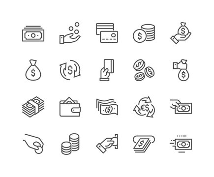 Simple Set of Money Related Vector Line Icons. Contains such Icons as Wallet, ATM, Bundle of Money, Hand with a Coin and more. Editable Stroke. 48x48 Pixel Perfect.
