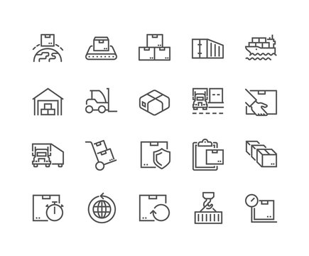 Simple Set of Package Delivery Related Vector Line Icons. Contains such Icons as Warehouse, Worldwide Shipping, Package Return and more. Editable Stroke. 48x48 Pixel Perfect.