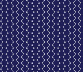 Japanese sashiko ornament. Asian embroidery motifs. Abstract seamless patterns. White stitches on the indigo blue background. For handicraft or decoration.