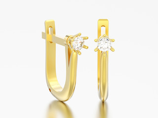 3D illustration gold diamond solitaire earrings with hinged lock