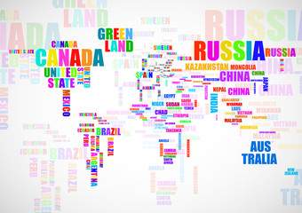 Typography colorful world map with country names