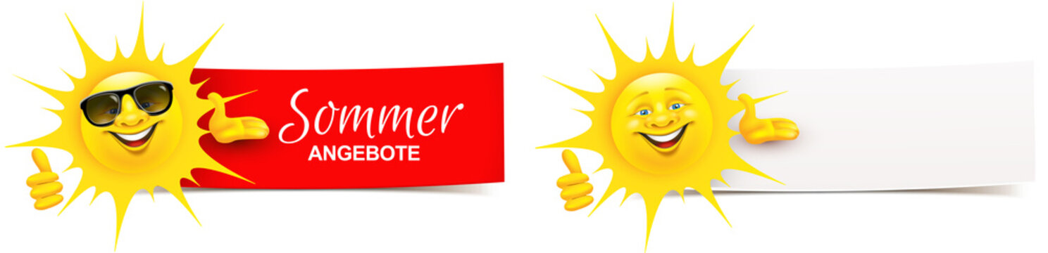Cartoon Sonne präsentiert mit Daumen hoch Geste - Sommer Angebote Banner Set 