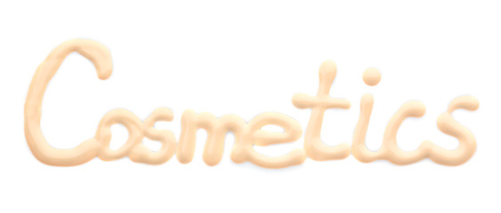 Word COSMETICS written with skin tone foundation on white background