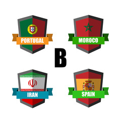 Set of Football Badge vector Designed illustration. Football tournament 2018 Group B with Word Spain,Moroco,Iran,Portugal.