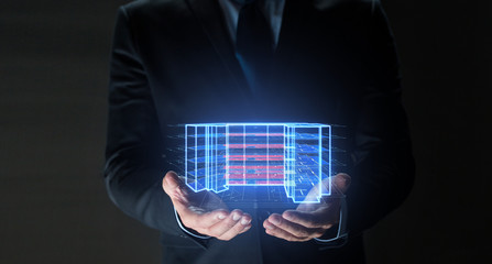 architecture, technology and construction concept - close up of businessman with virtual building blueprint projection