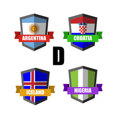 Set of Football Badge vector Designed illustration. Football tournament 2018 Group D with Word Nigeria,Iceland,Croatia,Argentina.