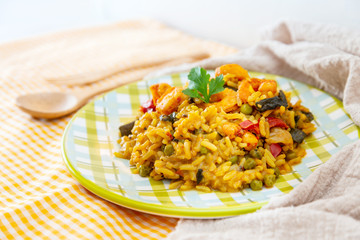 Prawn with rice - closeup of prawn with rice - traditionnal spanish food paella