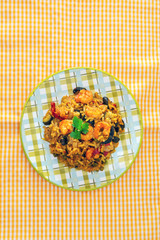 Prawn with rice - closeup of prawn with rice - traditionnal spanish food paella