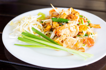 Phat Thai ,Thai Noodle Style ,Allium ramosum, roasted peanuts and some meat such as shrimp is called