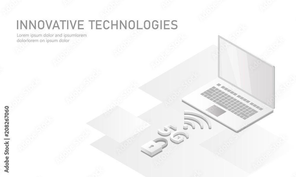 Poster 5g new wireless internet wifi connection. laptop mobile device isometric white pure matt 3d flat ren