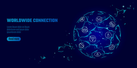 Global network connection 5G internet high speed rate. World point line worldwide information technology data exchange business. Planet Earth blue space low poly polygonal render vector Illustration