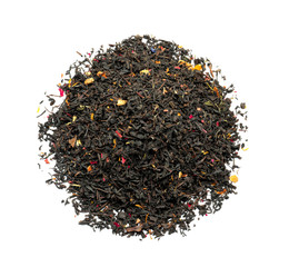 Heap of dry tea leaves with flower petals on white background