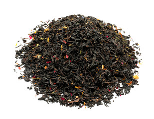 Heap of dry tea leaves with flower petals on white background
