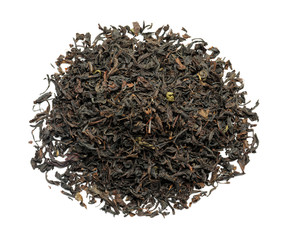 Heap of dry black tea leaves on white background