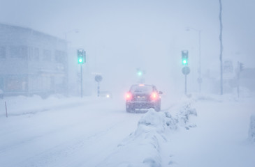Traffic in snow storm. Sotkamo, Finland.