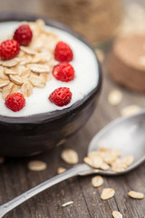 Yogurt. Stone bowl with fresh yogurt and berries on rustic table