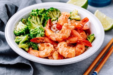 Spicy Shrimp Burrito Bowl with cilantro lime rice and broccoli