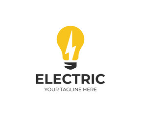 Light bulb and lightning bolt logo template. Electrical vector design. Lightbulb and flash logotype