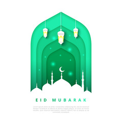 Islamic beautiful design template. Mosque with lanterns on white background in paper cut style. Eid Mubarak greeting card, banner, cover or poster. Vector illustration. EPS 10