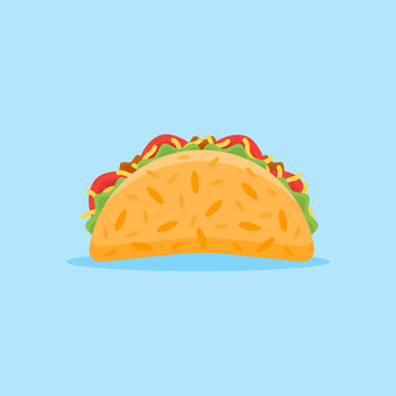 Taco isolated on blue background. Mexican fast food flat style icon. Vector illustration.
