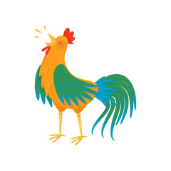 Cartoon rooster character singing song. Male domestic fowl. Farm bird. Flat vector element for advertising, postcard or sticker