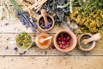 Herbs, Decoction, Collection, Wild, Treatment, Wooden background Vintage Rural Style, wooden mortar