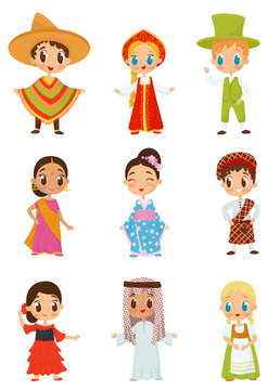 Flat vector set of little kids in different national costumes. Boys and girls wearing traditional clothes