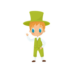 Flat vector icon of adorable red-haired boy in traditional Irish costume. Kid in bright green waistcoat, pants and top hat