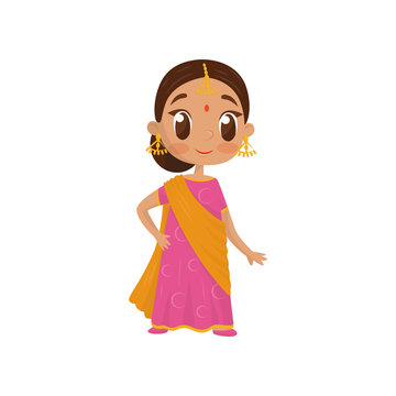 Flat vector icon of beautiful little girl dressed in traditional Indian sari. Cute child in national silk dress