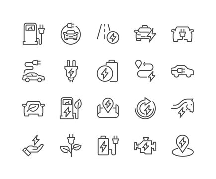 Simple Set of Electro Car Related Vector Line Icons. Contains such Icons as Charger Station, Travel Distance, Torque, Power and more. Editable Stroke. 48x48 Pixel Perfect.