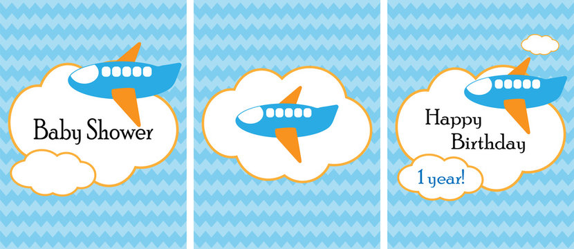 Set of baby shower and happy birthday design card, cute air plane on blue shevron background, vector illustration
