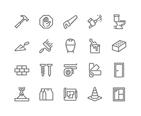 Simple Set of Construction Related Vector Line Icons. Contains such Icons as Welding, Crane, Hammer, Nails and more. Editable Stroke. 48x48 Pixel Perfect.
