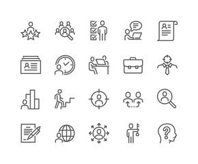 Simple Set of Head Hunting Related Vector Line Icons. Contains such Icons as Job Interview, Career Path, Resume and more. Editable Stroke. 48x48 Pixel Perfect.