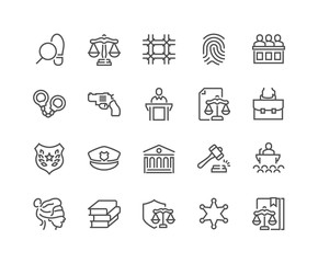 Simple Set of Law and Justice Related Vector Line Icons. Contains such Icons as Themis, Court, Police and more. Editable Stroke. 48x48 Pixel Perfect.