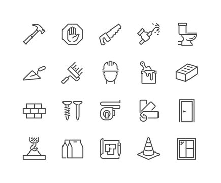 Simple Set of Construction Related Vector Line Icons. Contains such Icons as Welding, Crane, Hammer, Nails and more. Editable Stroke. 48x48 Pixel Perfect.