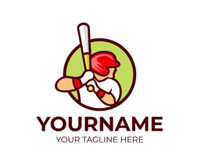 Baseball, baseball player is holding baseball bat, logo template. Sport and professional baseball, sports player in circle, vector design, illustration