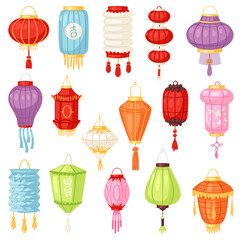 Chinese lantern vector traditional colorful lantern-light and oriental decoration of china culture for asian celebration illustration set of festival decor light isolated on white background © partyvector