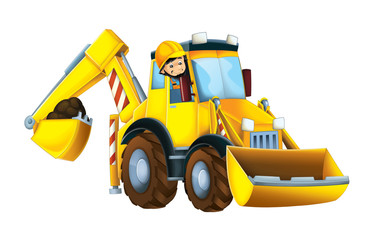 Plakat Cartoon funny excavator with worker in the window - on white background - illustration for children