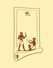 Egyptian scroll with images of people and eyes on a beige background