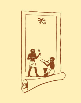 Egyptian scroll with images of people and eyes on a beige background