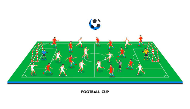3D isometric football field with football teams. Sport theme, soccer sports field, stadium. Colorful football players on different positions playing soccer. vector illustration in flat style