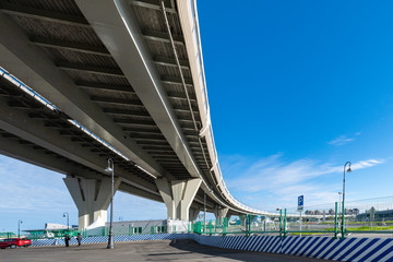 Under industrial bridge of western high-speed highway on Petrovsky fairway