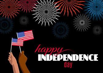 Happy Independence Day (4th of July) placard, poster or greeting card. Text, fireworks and hands with american flags isolated on black horizontal banner. Vector illustration for USA holiday design