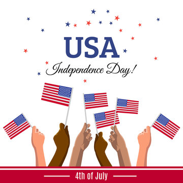 USA 4th of July Independence Day placard, banner or greeting card. Vector illustration with american flags on young people hands